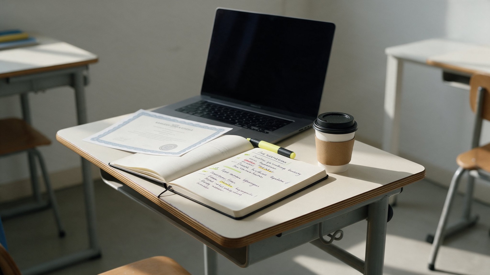 Bureau d'étudiant avec un diplôme, un carnet de révisions surligné et un ordinateur portable