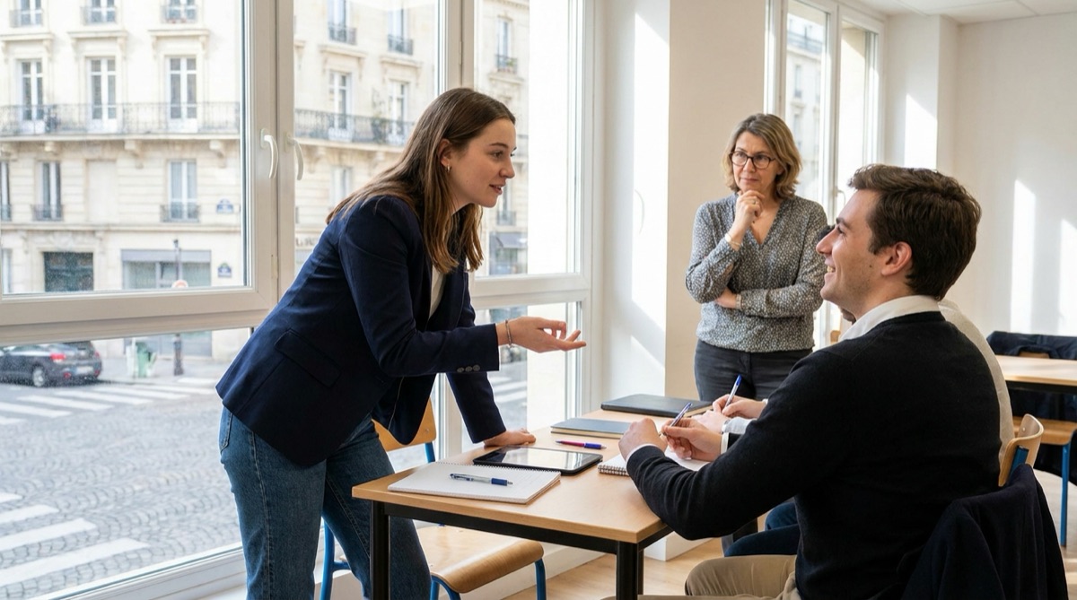 Étudiants en BTS commerce et Bachelor préparant une négociation commerciale en classe à Paris