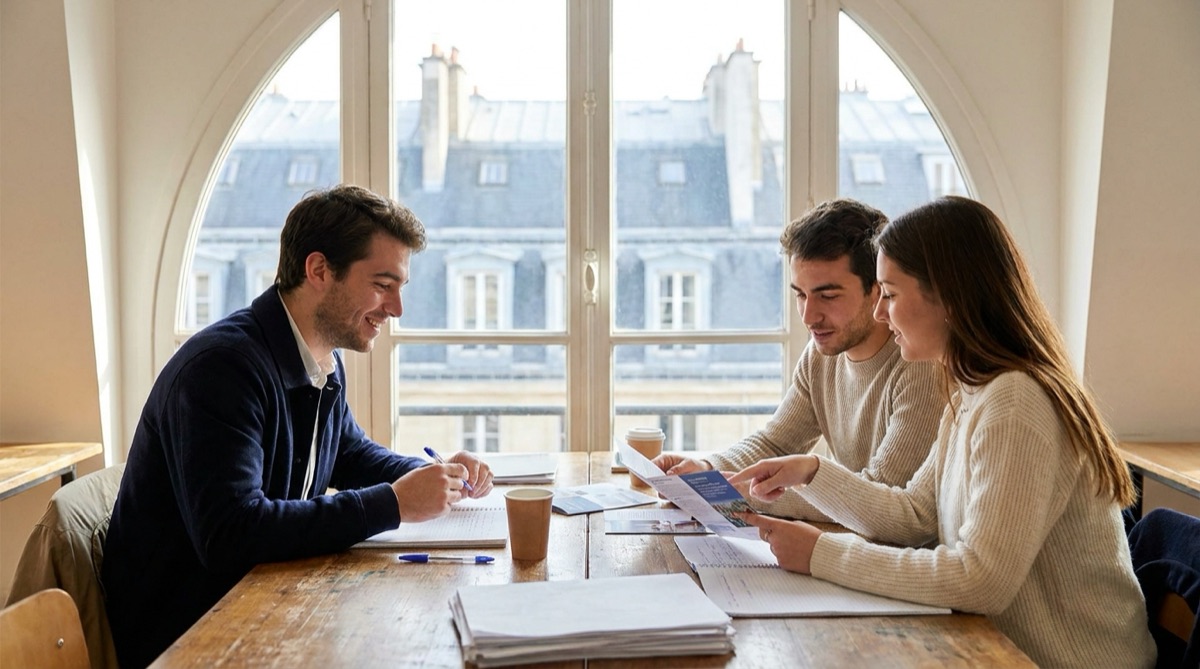 Étudiants comparant des brochures de BTS et de Bachelor commerce dans une salle de cours à Paris